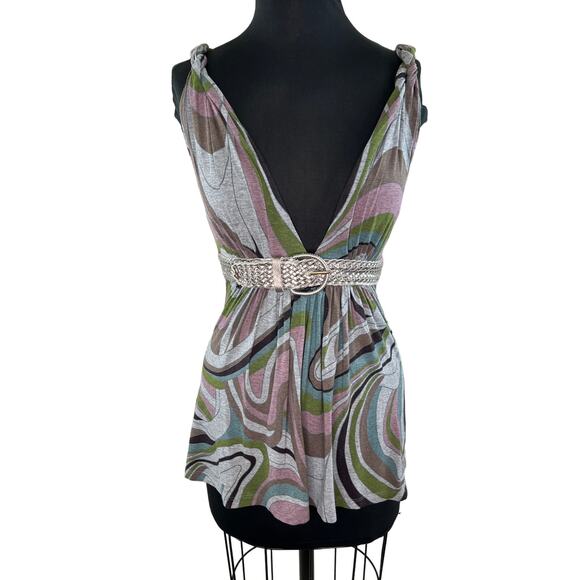 SKY Abstract Print Twist Shoulder Plunging V Neck Women's Belted Tunic Size M - Picture 1 of 7